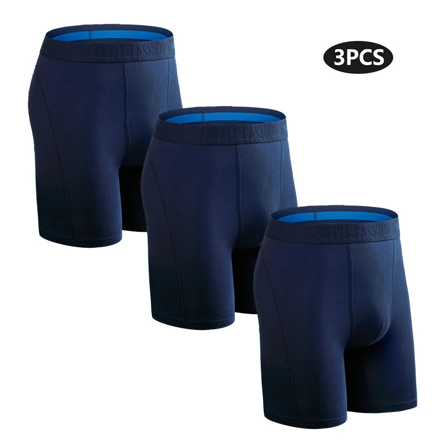 3-pack men's cotton long boxer briefs in blue shades with elastic logo waistband.