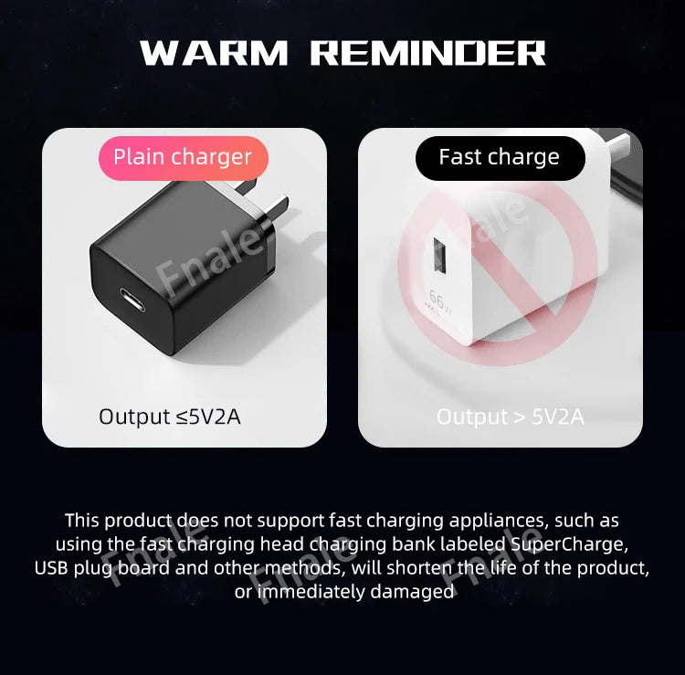 USB charging reminder graphic: plain charger vs fast charge, output ≤5V2A