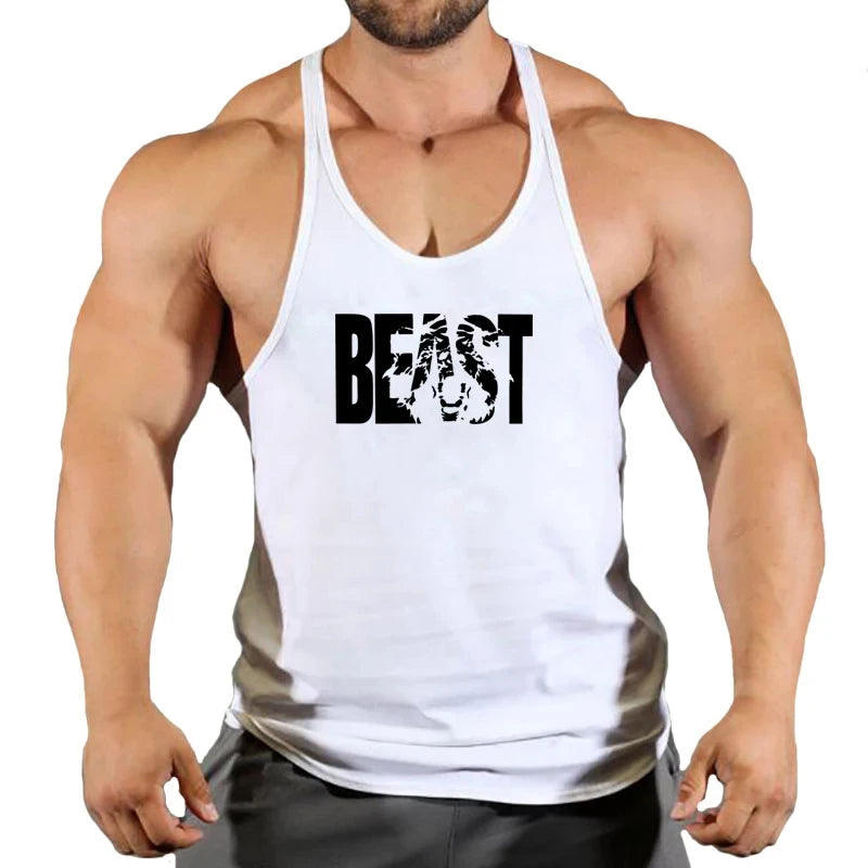 Gym stringer singlet, white, deep scoop neck and thin straps with BEAST chest print