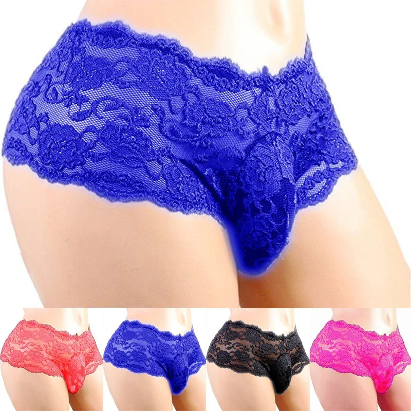 Blue lace sissy jockstrap brief with scalloped trim and lace floral pattern