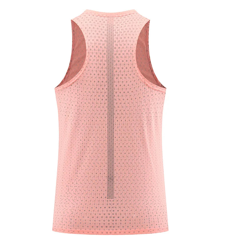 Light orange mesh gym vest tank back view with center seam panel and sleeveless fit