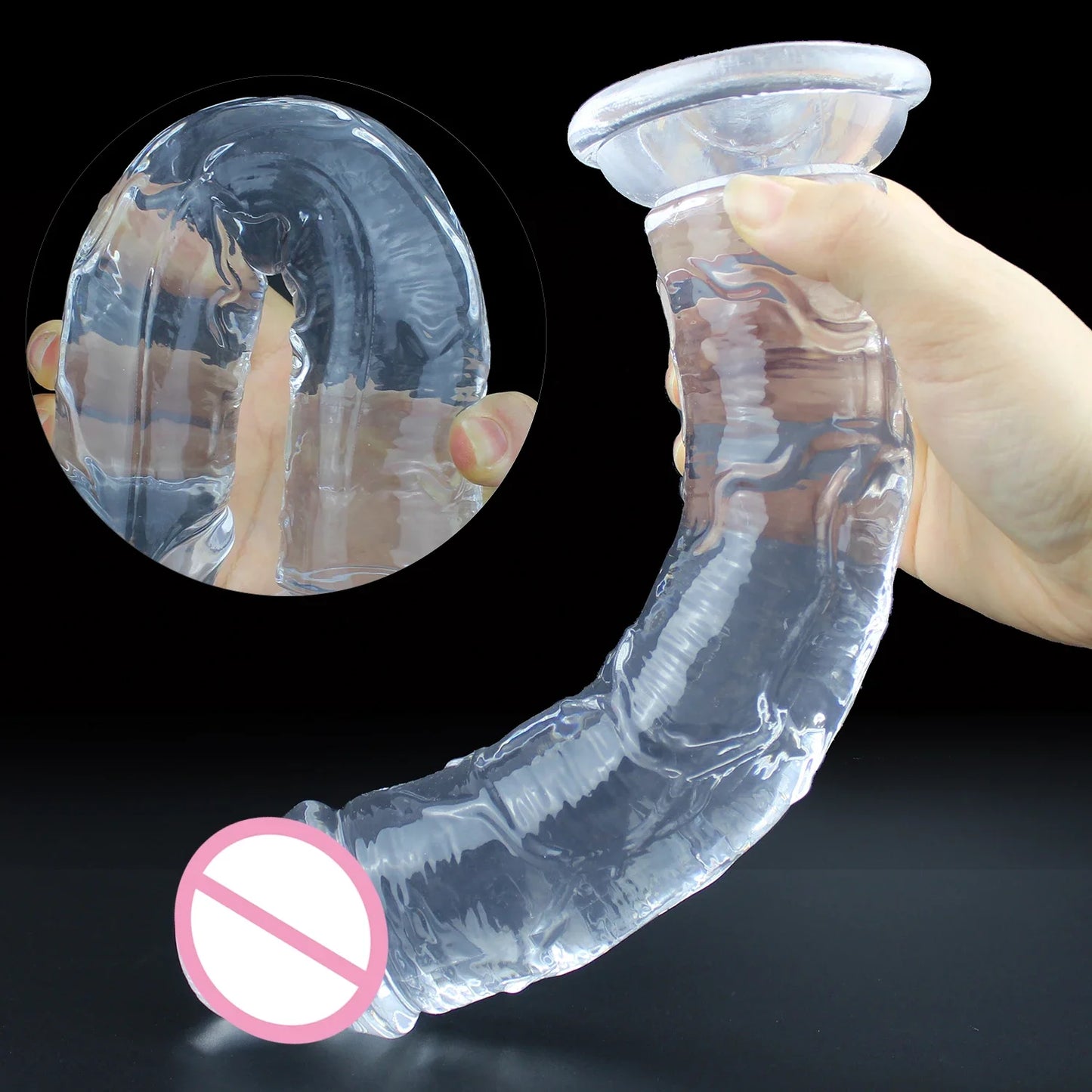 Curved clear blue transparent jelly dildo with suction cup