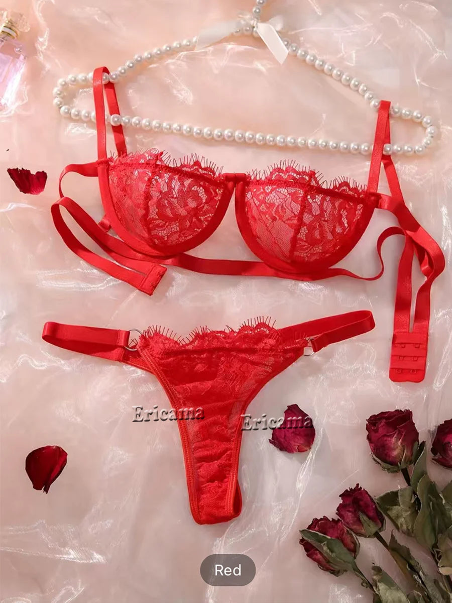 Red lace bra and thong set with embroidered floral pattern and adjustable straps