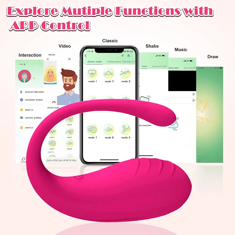 Pink curved wearable vibrator with smartphone app showing vibration modes
