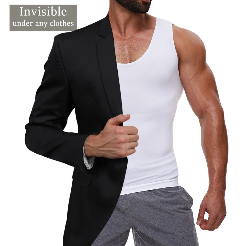 White sleeveless tummy control vest, U-neck tank on model