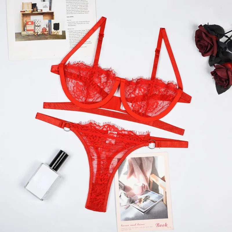 Red embroidered lace push-up bra and thong-style brief set with bow-detail straps