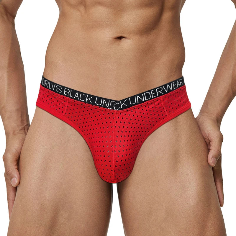 Red sheer mesh pouch brief with black logo waistband and textured dot pattern