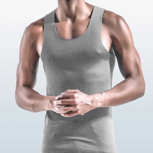 Men's thin V-neck undershirt vest, heather gray on model