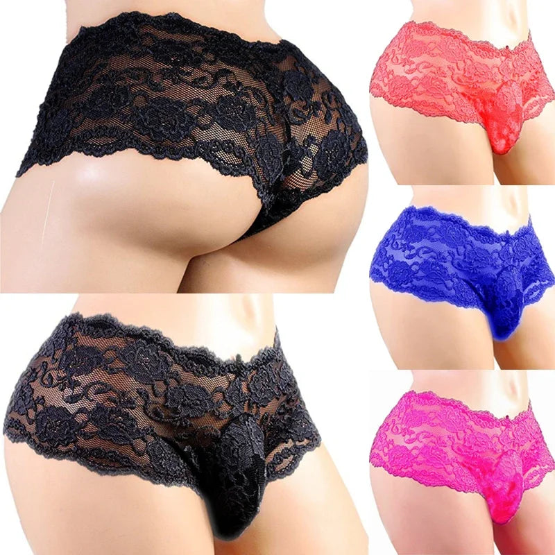 Black lace sissy jockstrap brief with scalloped lace edges and floral detailing