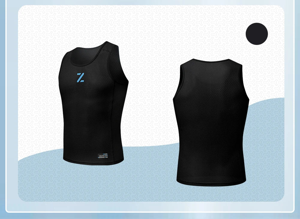Product show: black men's cycling mesh vest base layers, front and back