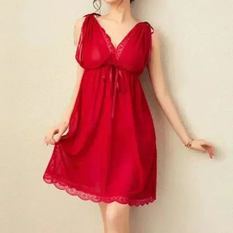 Red deep V lace slip nightdress with gathered bodice and scalloped lace hem