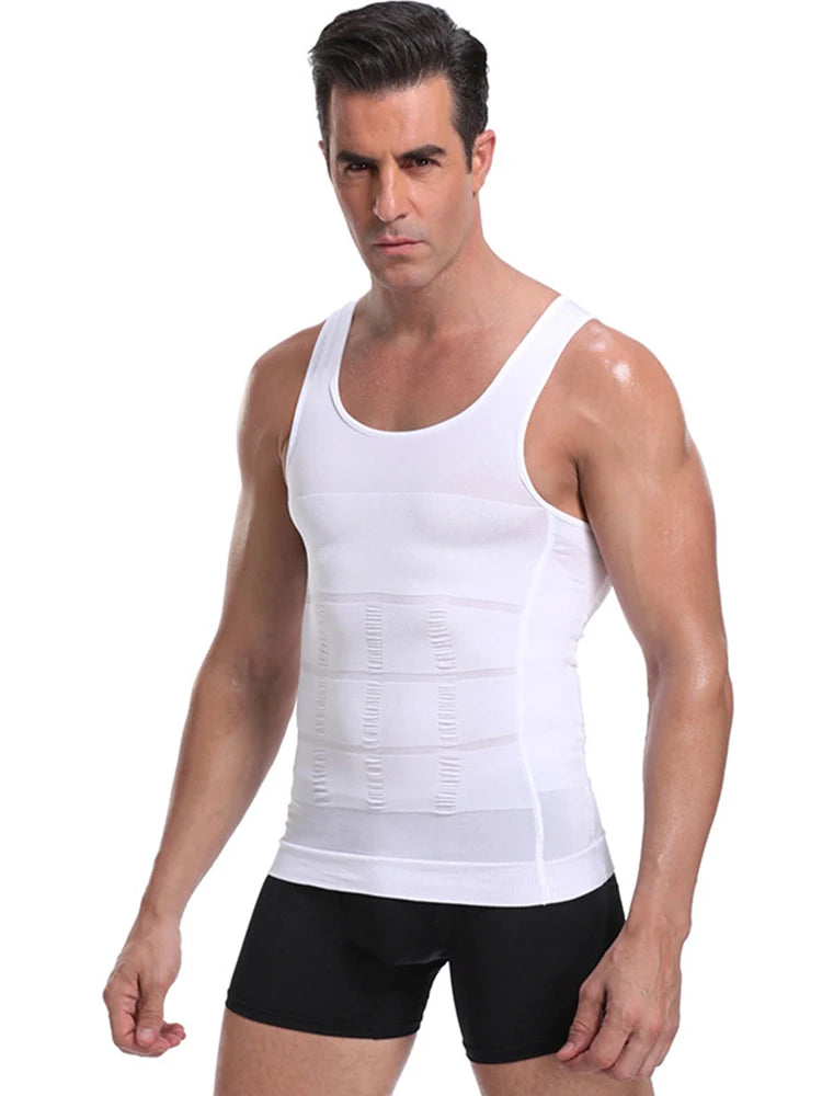 White men’s compression corset vest with scoop neck and stitched slimming panels