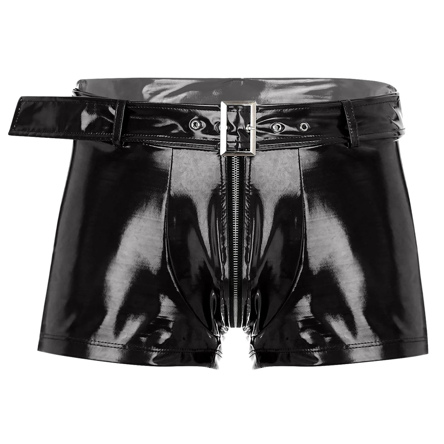 Black wet-look PVC boxer briefs with front zipper and belt loops
