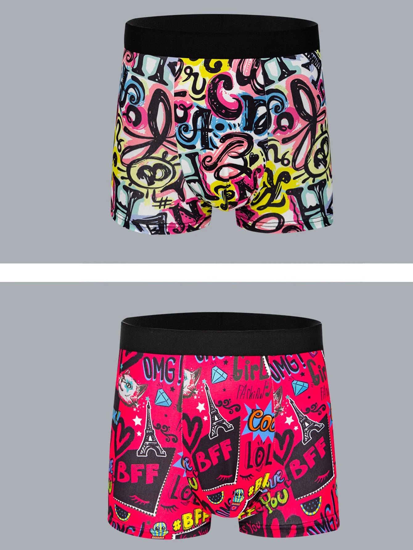 Printed boxer shorts in multicolor graffiti pattern with black waistband