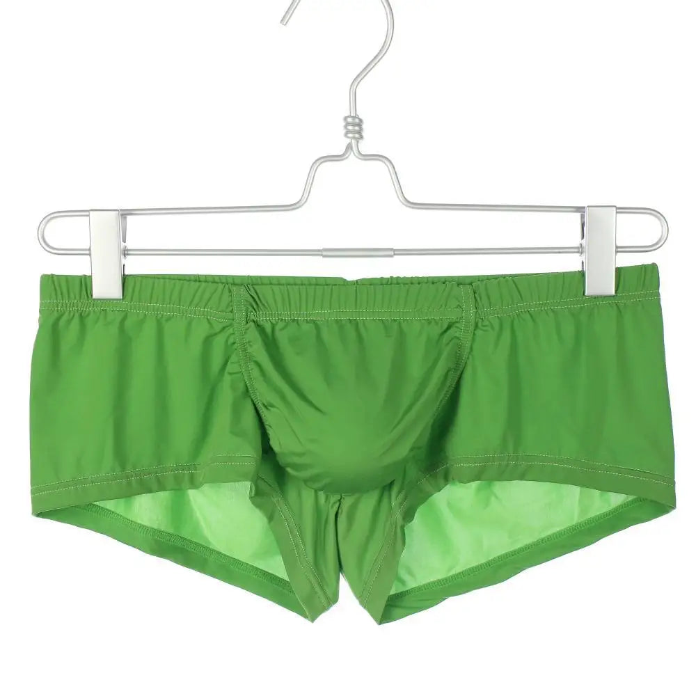 Ice silk low-rise boxer briefs, green, front pouch and elastic waistband