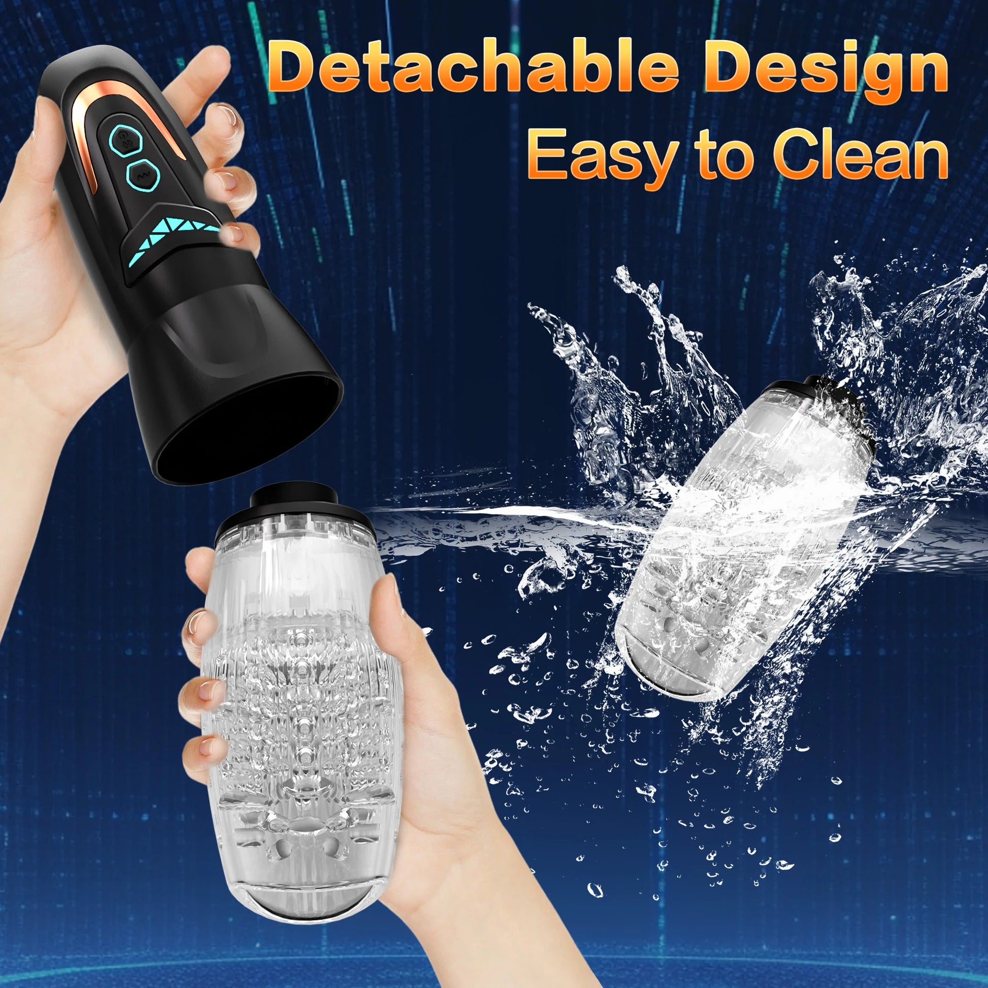 Black detachable cup with clear tunnel held in hand for easy cleaning