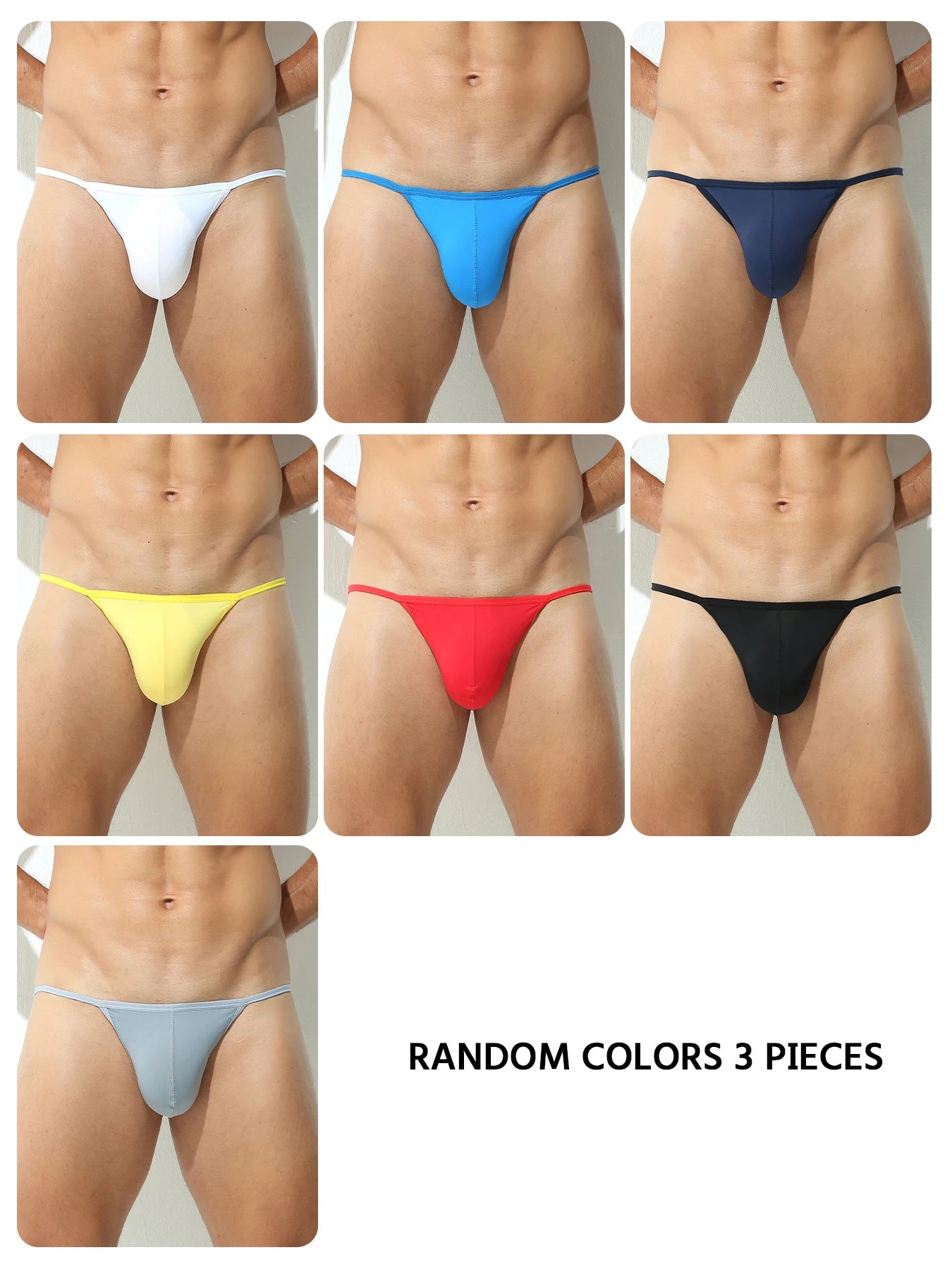 Assorted solid U-pouch bikini briefs, color options shown: white, blue, yellow, red, black