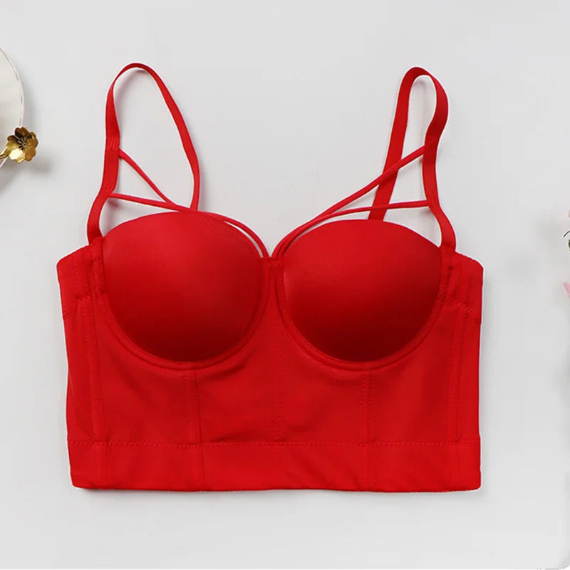 Red corset bustier bra with molded underwire cups and strappy design