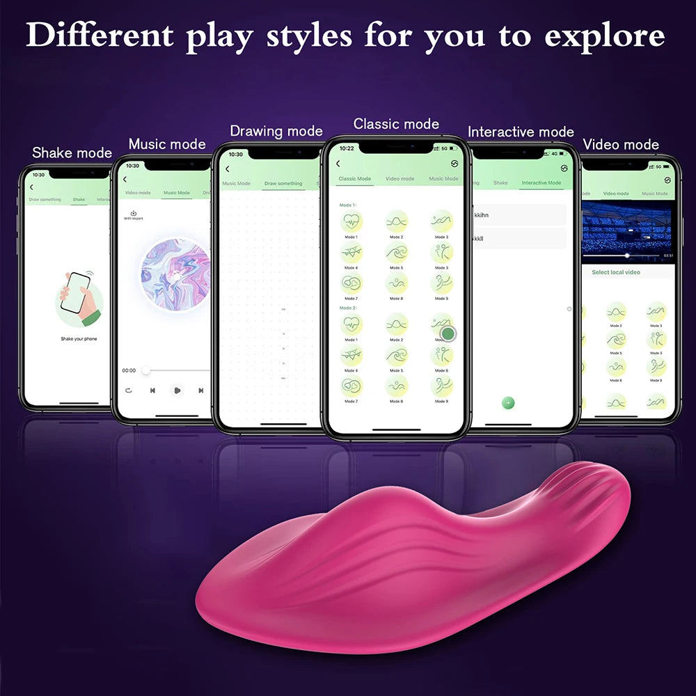 Hot pink wearable butterfly vibrator with app screens showing different play styles