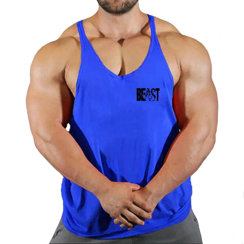 Men’s gym stringer singlet vest in royal blue with “BEAST” chest graphic