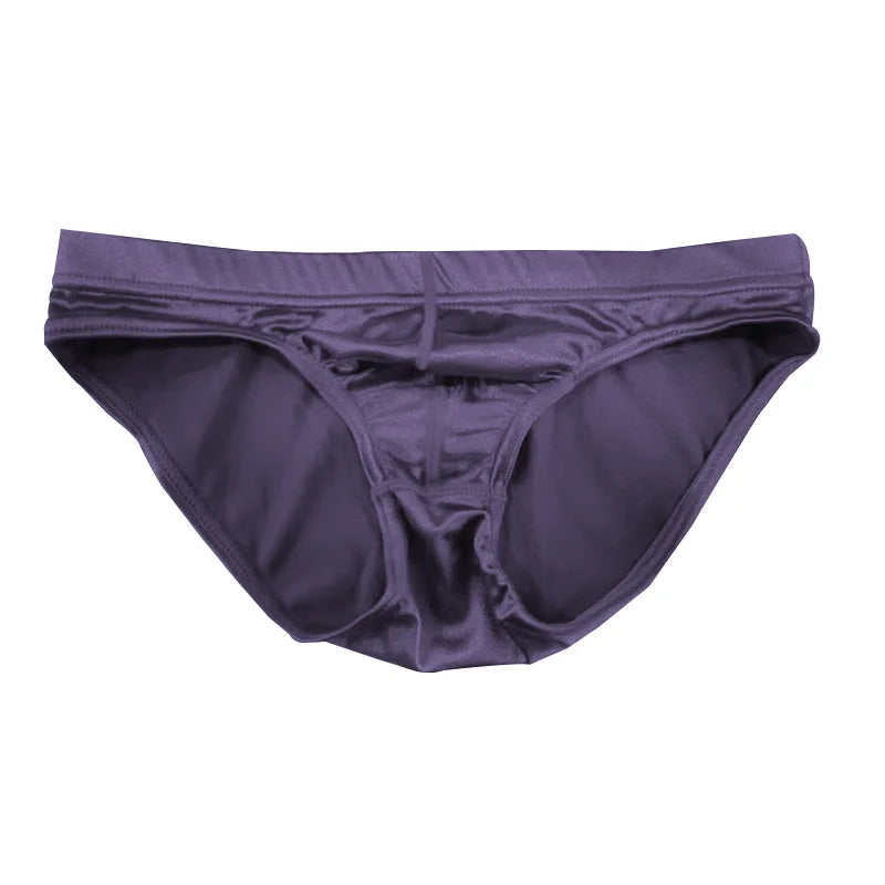 Dark purple satin silky brief with ruched front and wide elastic waistband