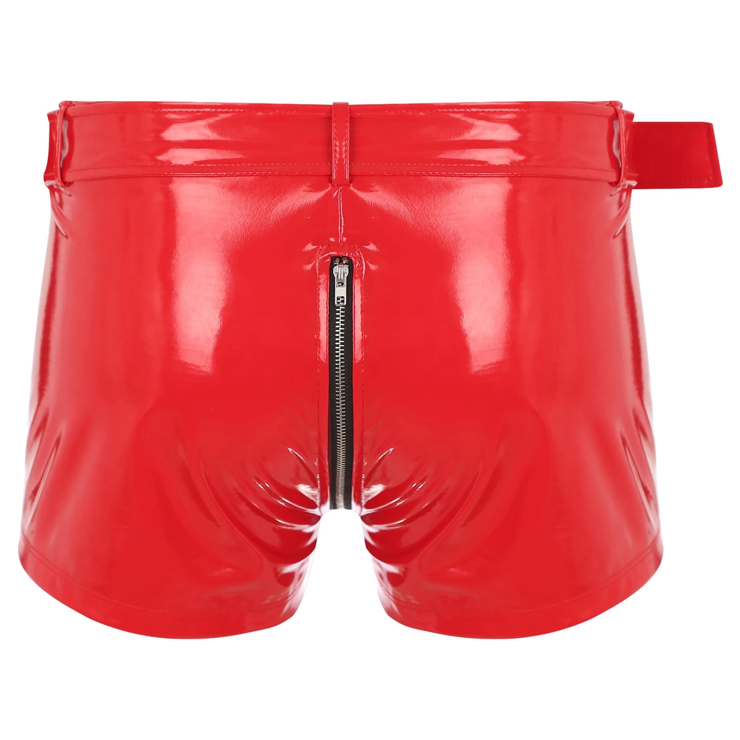 Red wet-look PVC boxer briefs with front zipper and wide waistband