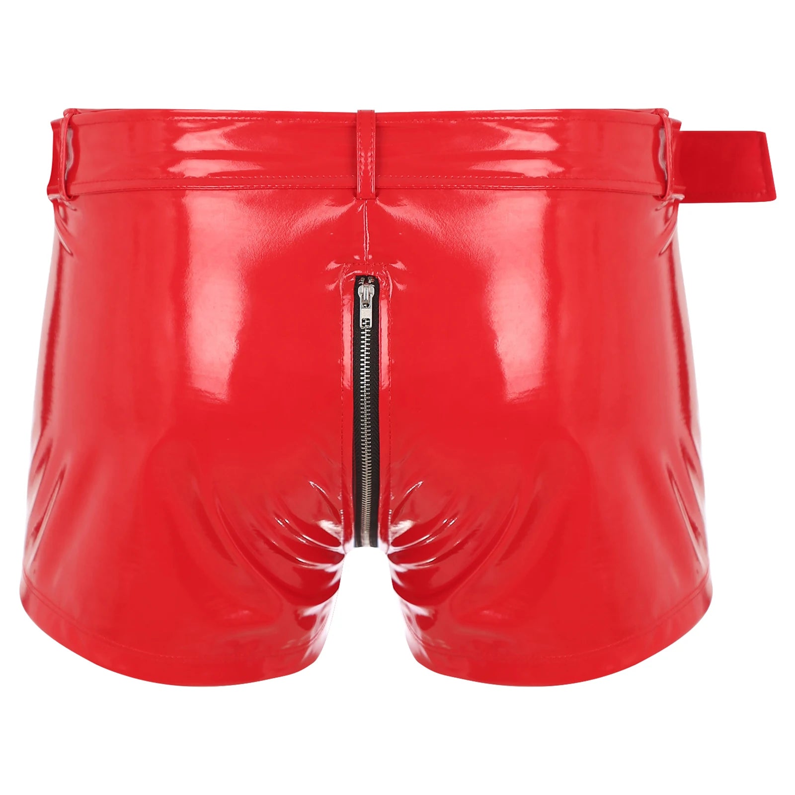Red wet-look PVC boxer briefs with front zipper and wide waistband