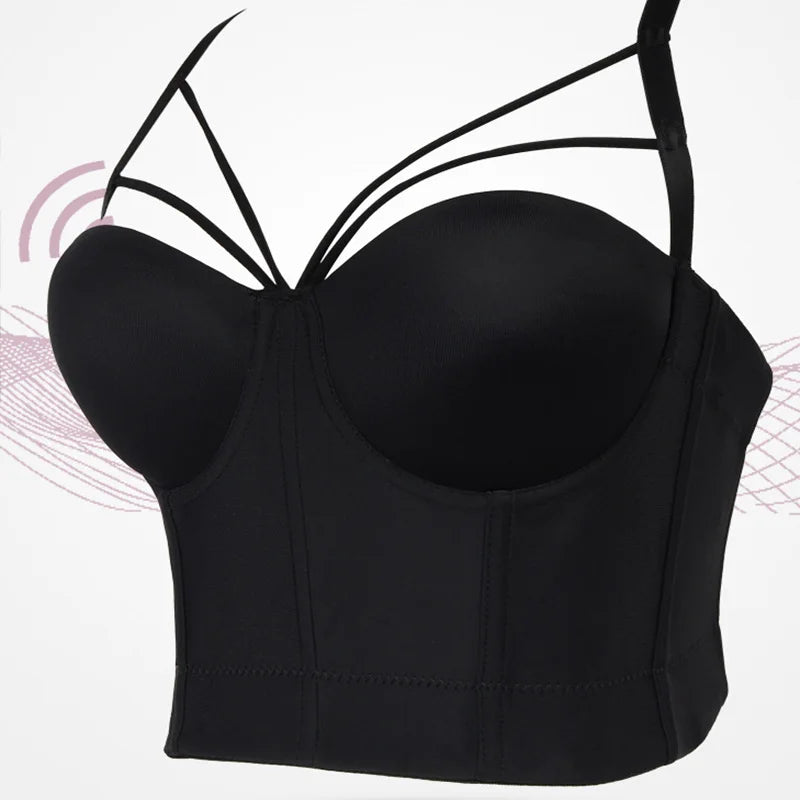 Close-up black corset bustier bra with molded underwire cups and thin straps