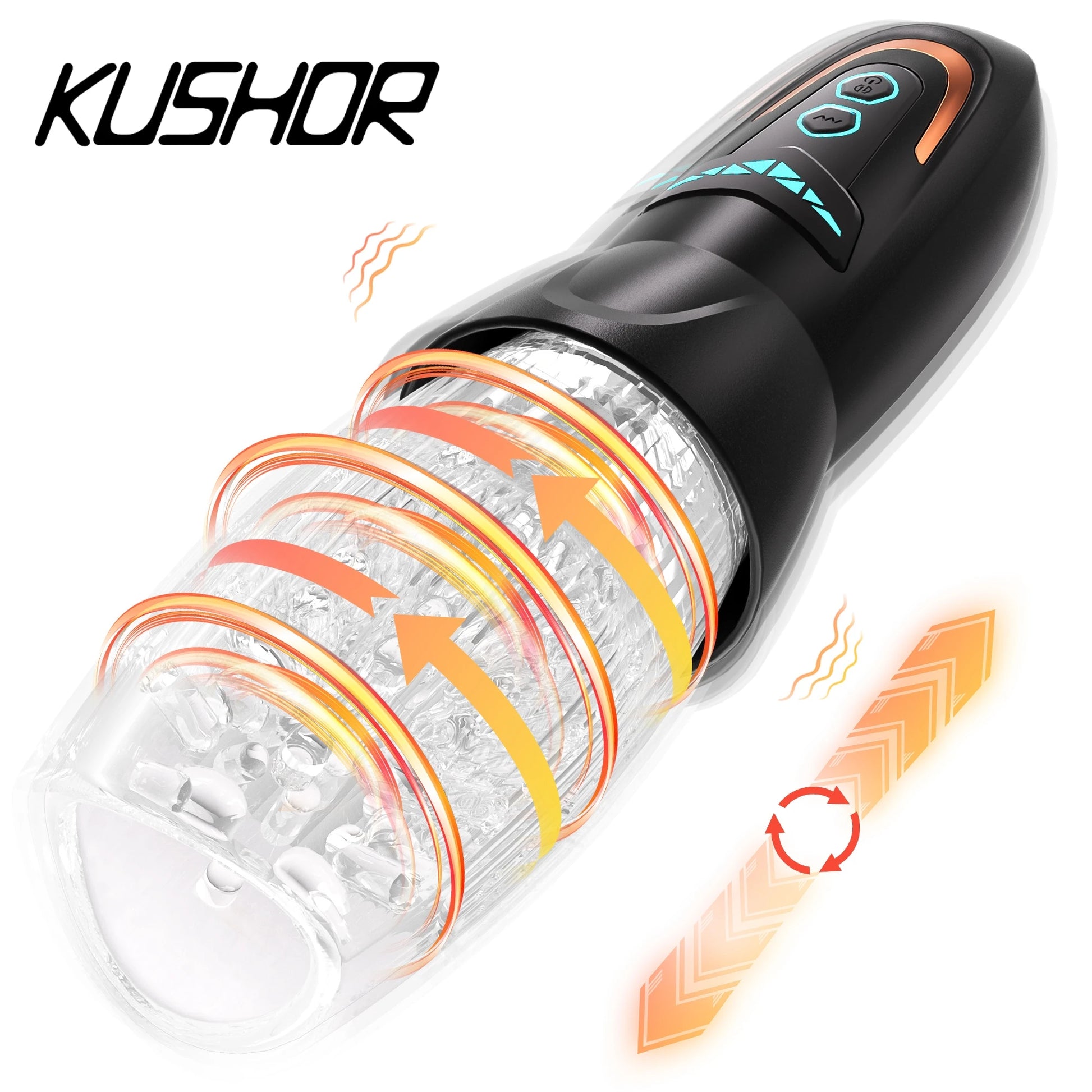 Black rotating automatic masturbator cup with clear textured tunnel and orange LED accents