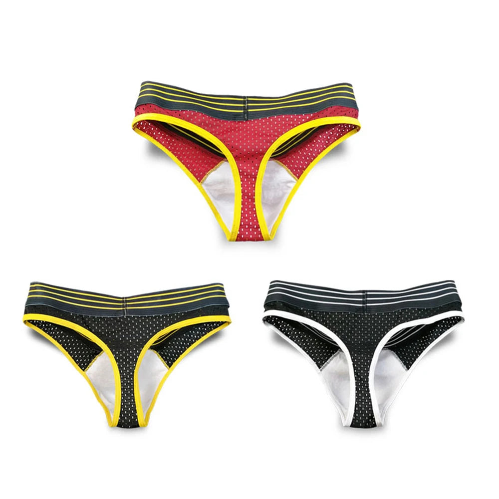Three letter-print U-pouch mesh briefs: red/yellow, black/yellow, and black/white