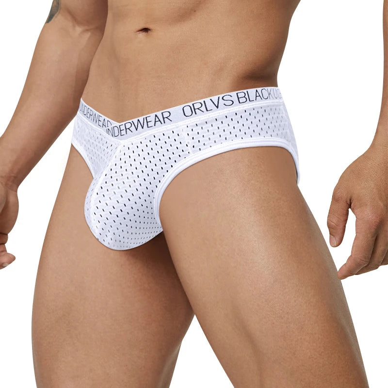 White sheer mesh pouch brief with perforated pattern and white logo waistband