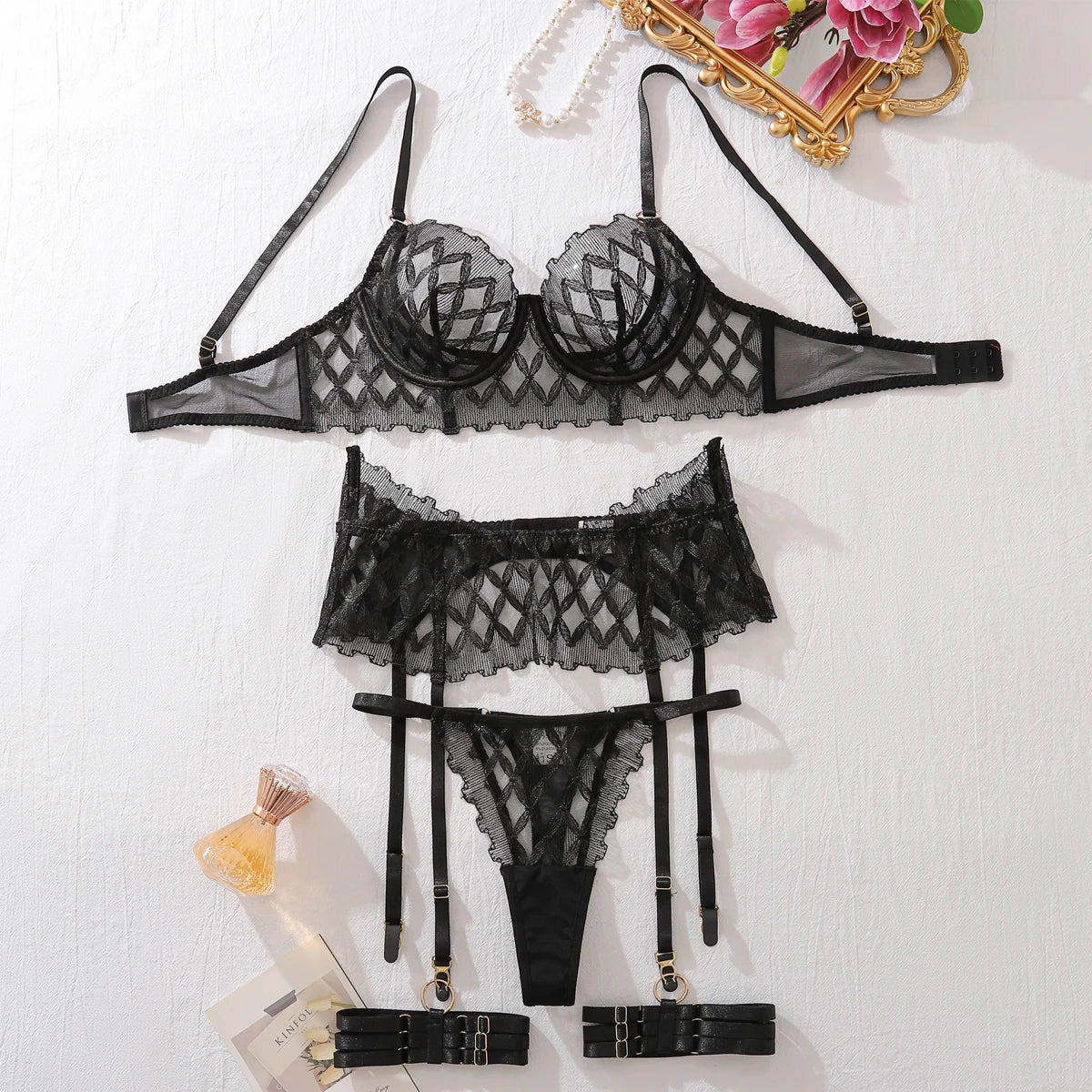 Black lace lingerie set with underwire bra, garter belt, and matching thong