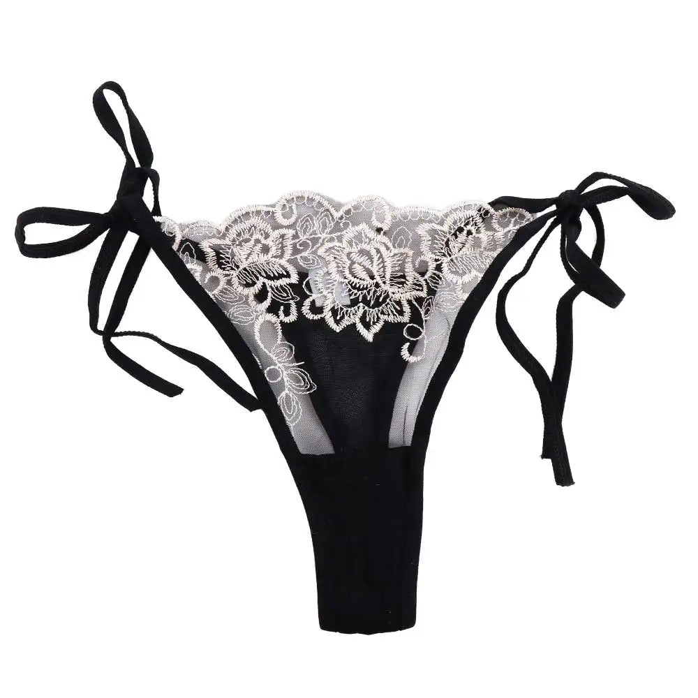 Embroidered lace panty brief in white lace over black with sheer sides and tie bows