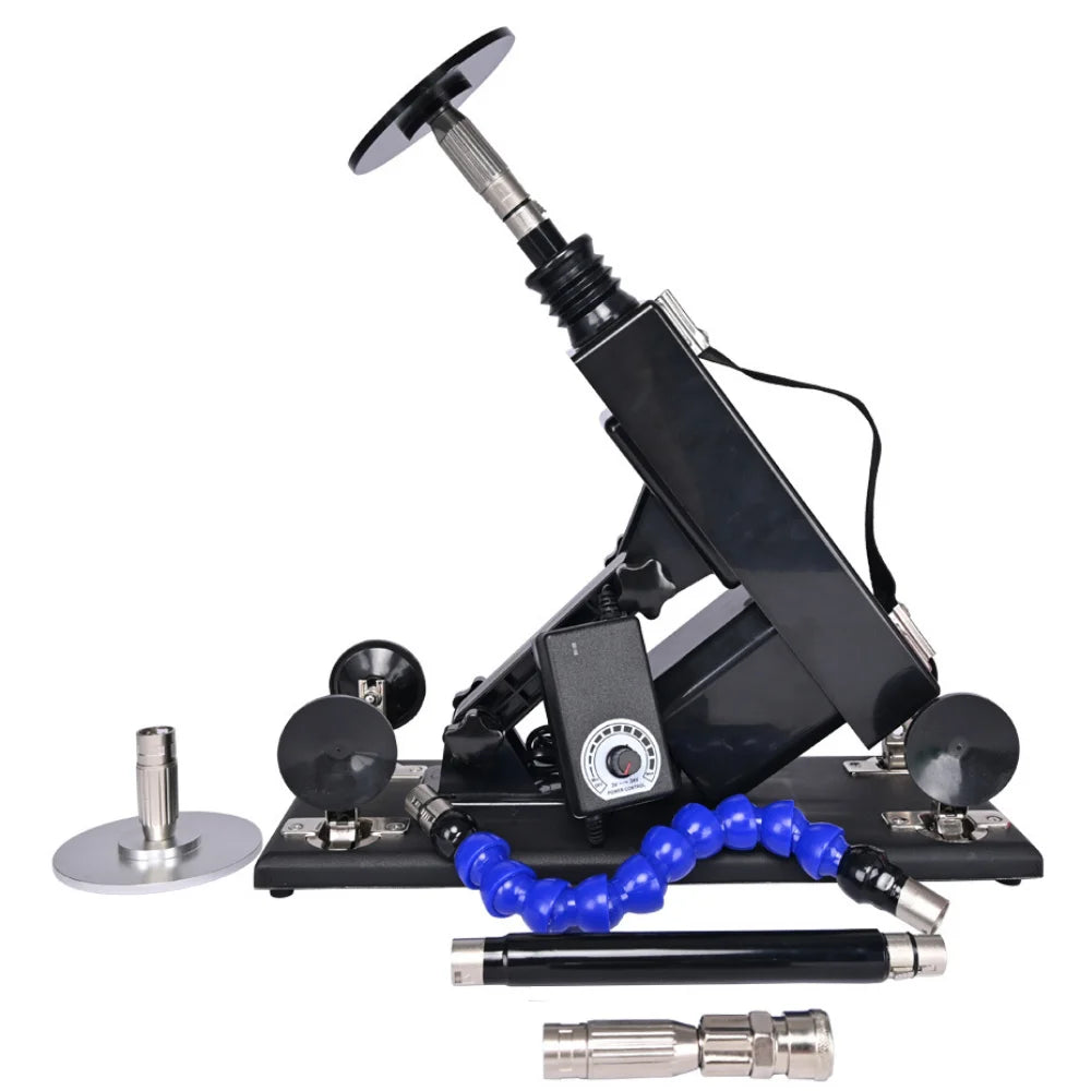 Black automatic thrusting sex machine base with suction cups and metal rods