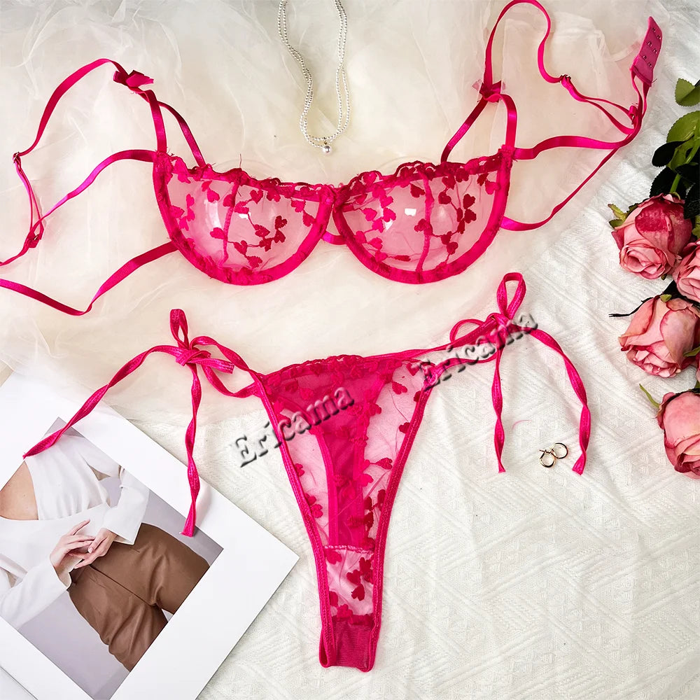 Bright pink floral mesh bra and thong set with ribbon bow accents