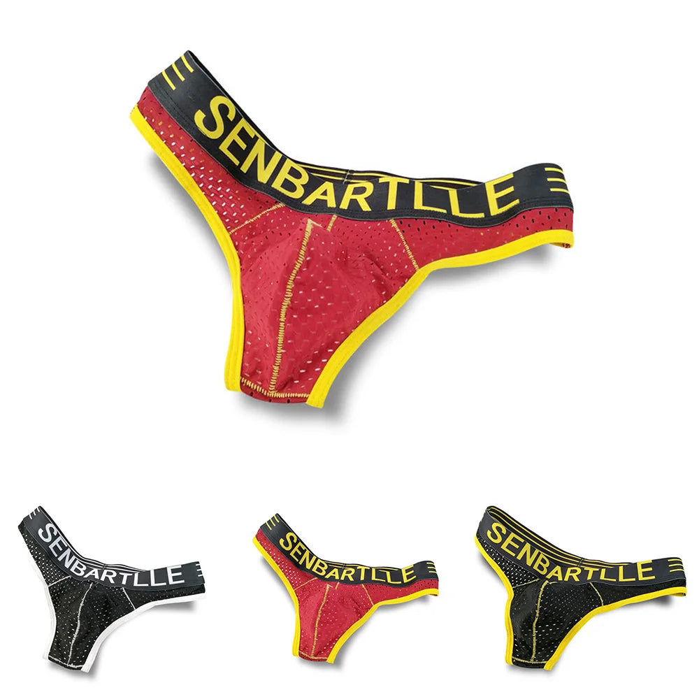 Red mesh U-pouch brief with yellow trim and SENBARTLE letter logo on waistband