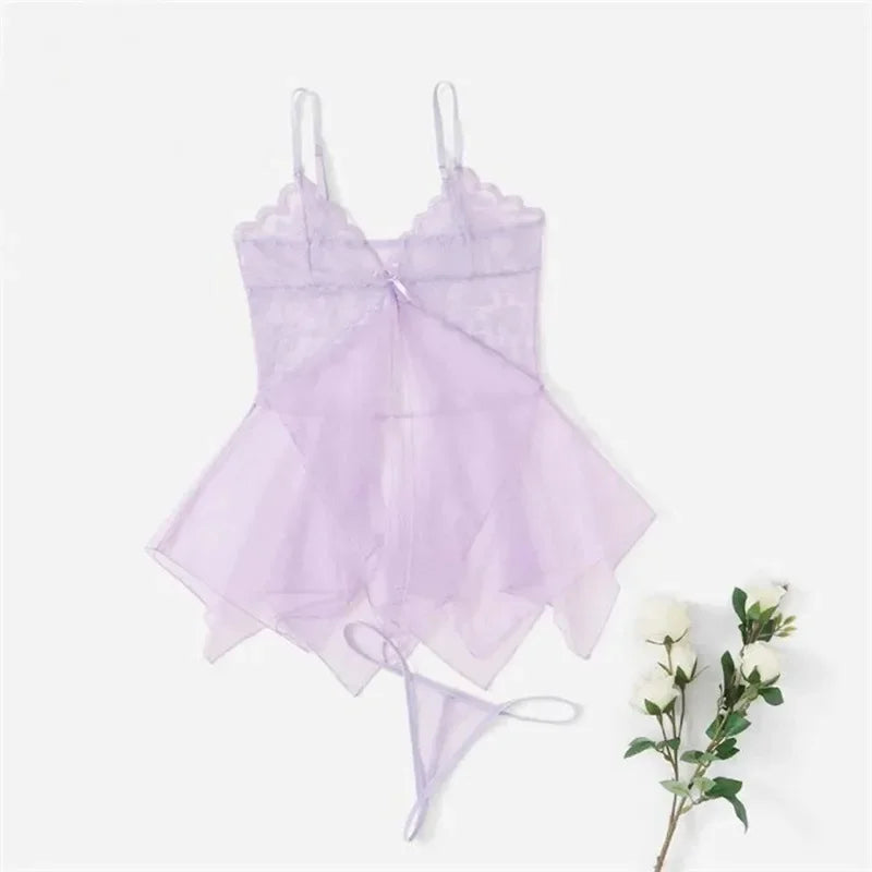 Lilac sheer tulle lace babydoll set with bow front and matching panty, spaghetti straps