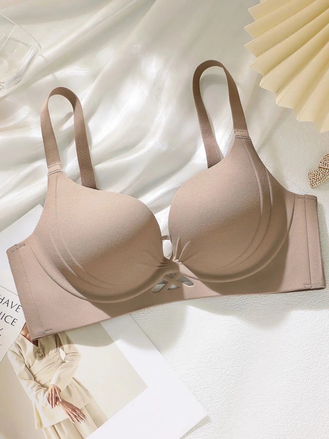 Champagne push-up cotton bra with molded cups, beige straps, and front cutout detail