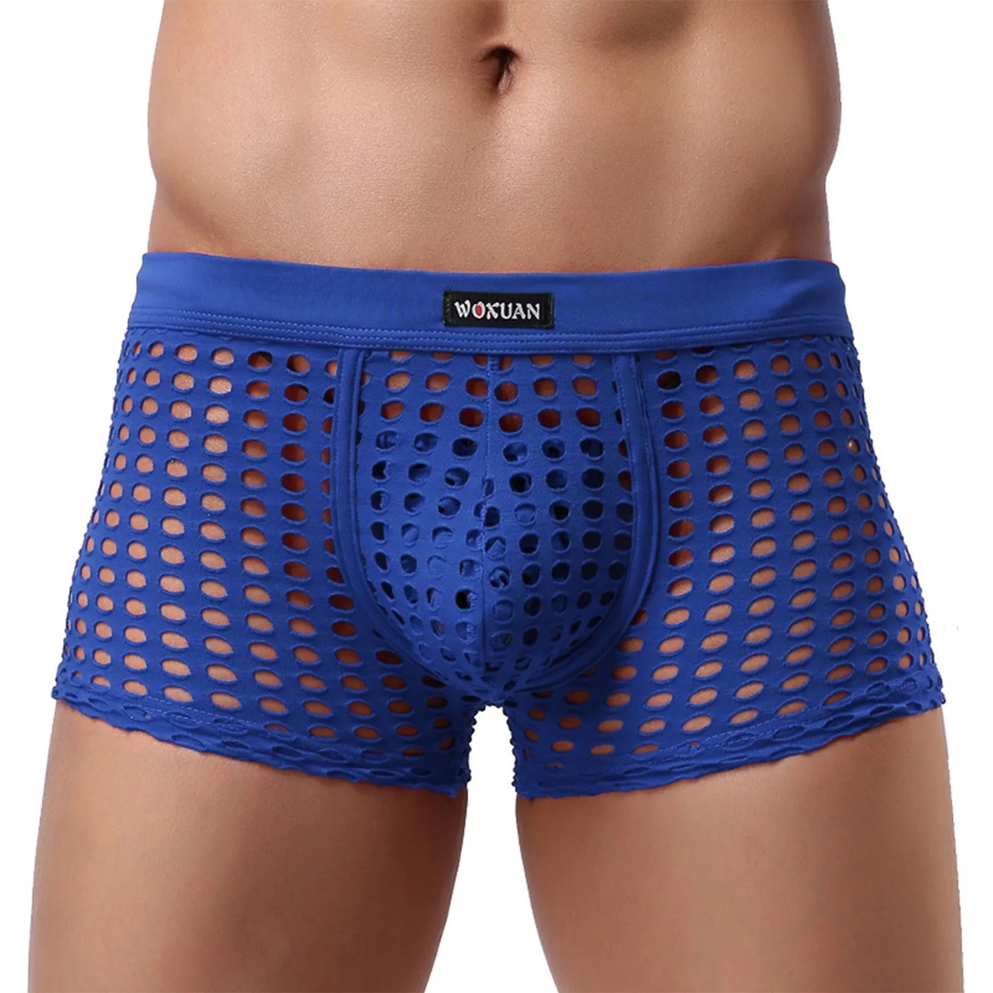 Blue open-mesh cutout shorts with dotted perforations and contoured pouch, elastic waistband