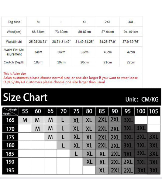 Size chart table with waist and crotch depth measurements for mesh briefs