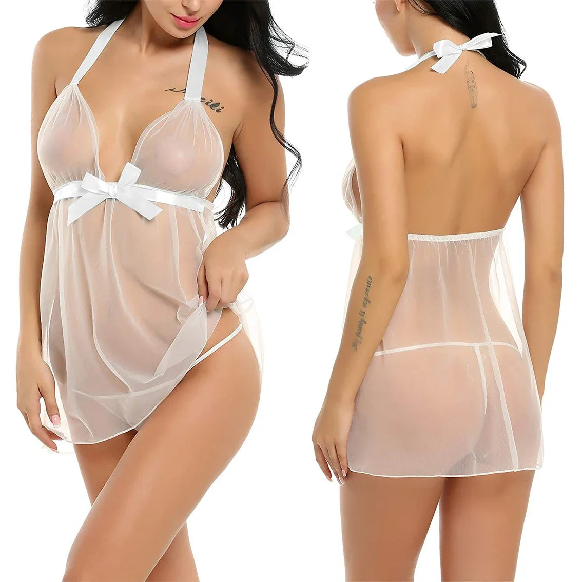 White halter babydoll bodysuit with sheer panels and lace trim, open back