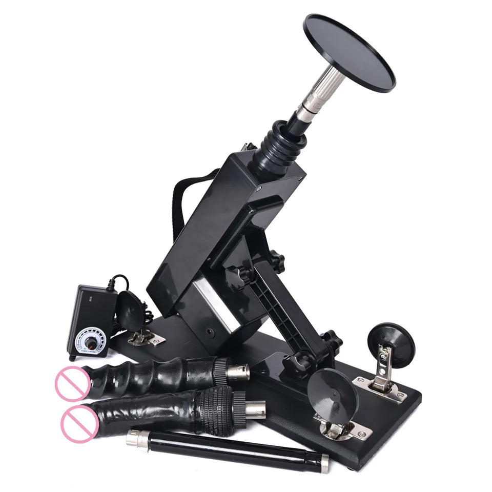 Automatic thrusting sex machine with black dildo and upright actuator, suction-mount base