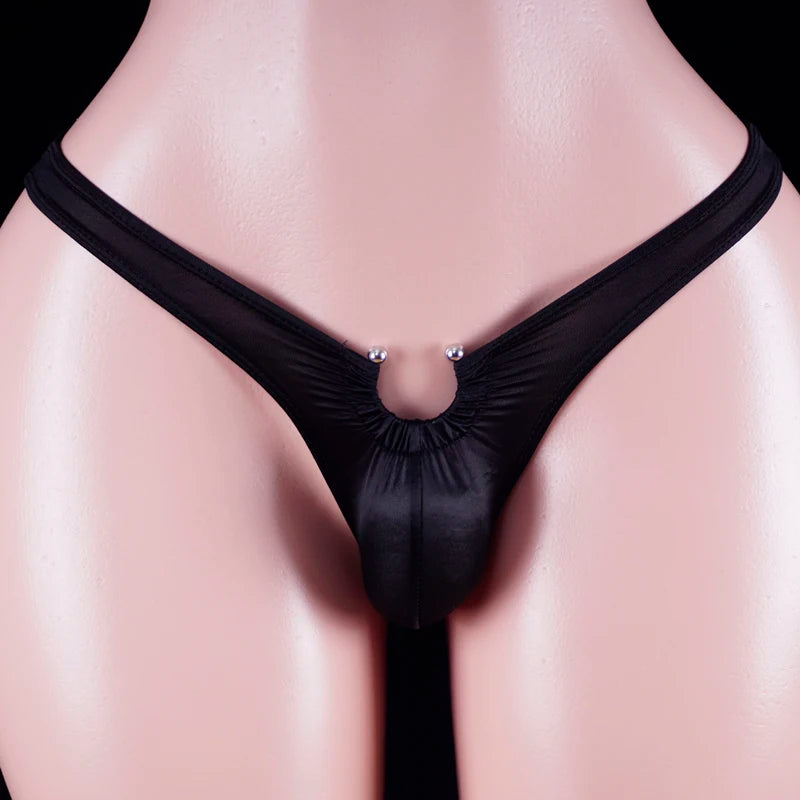 Solid U-pouch soft brief, black, front view with ruched center and metal studs