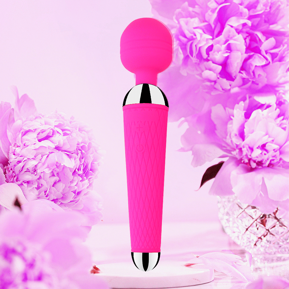 Rechargeable magic wand vibrator, pink handle with round head and black-and-white base