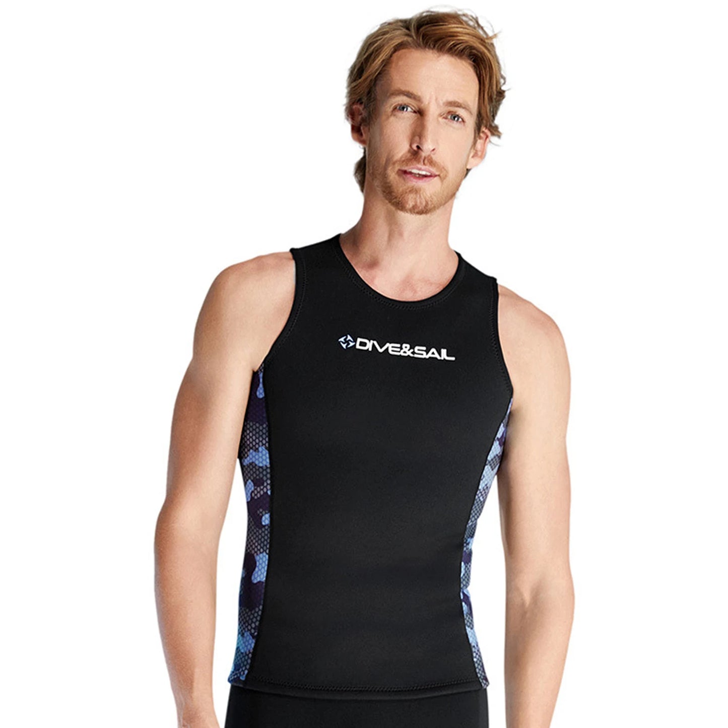 Men's black sleeveless wetsuit vest with blue camo side panels, front view