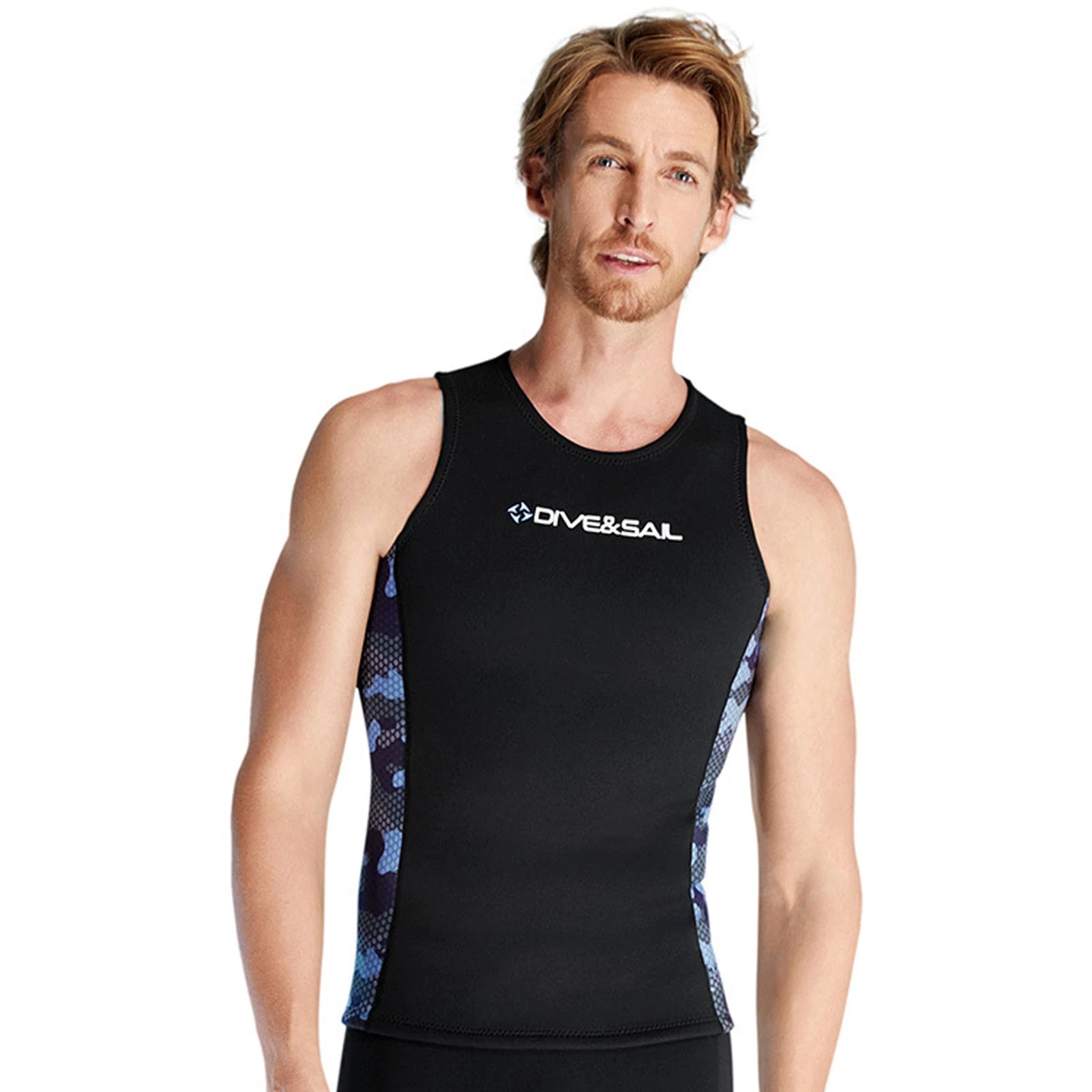 Men's black sleeveless wetsuit vest with blue camo side panels, front view