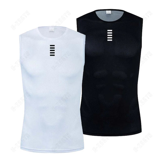 Men's reflective cycling base layer vest, white and black sleeveless front