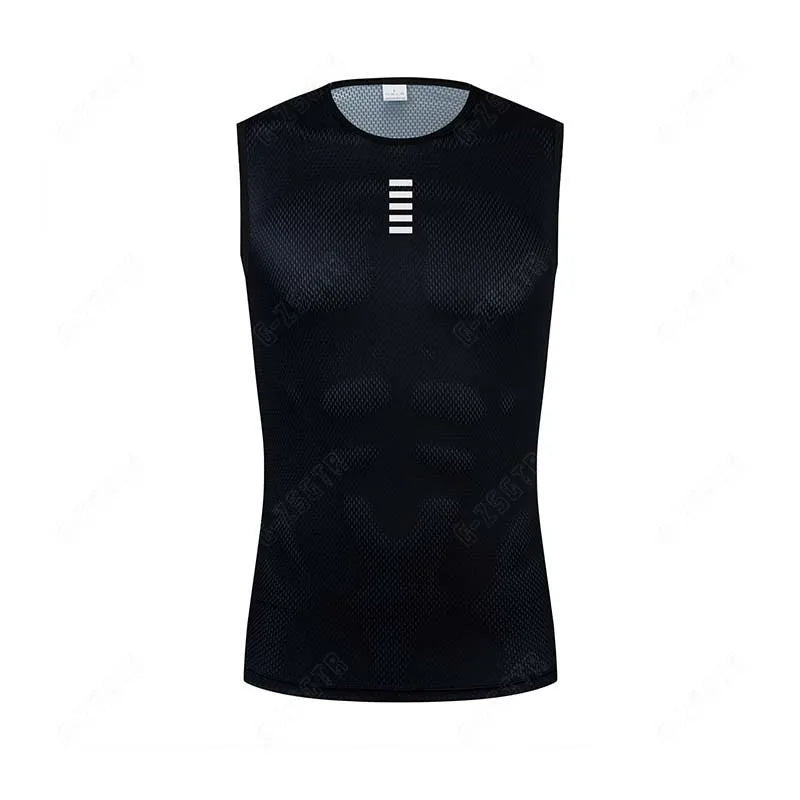 Black reflective cycling base layer vest, sleeveless front with vertical stripe graphic