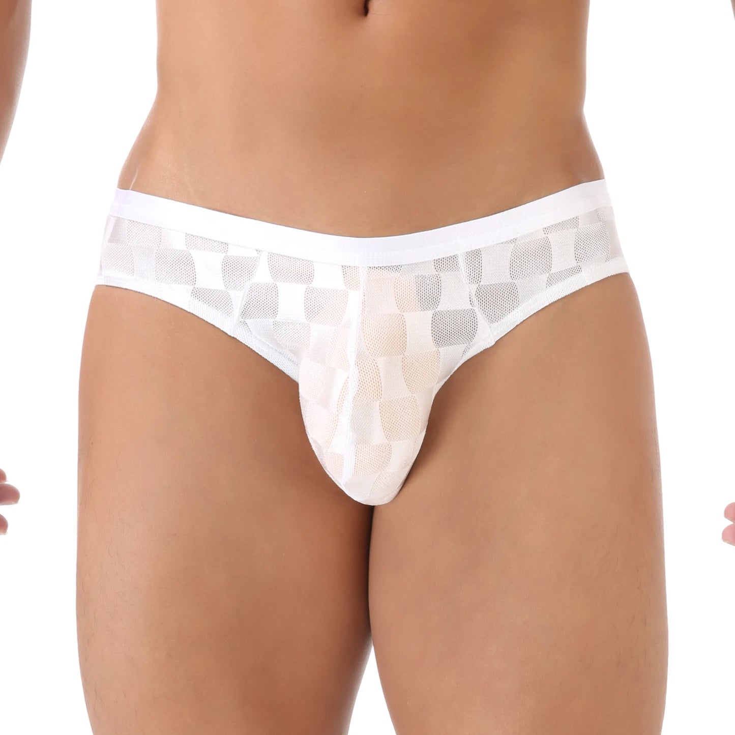 White transparent checkered mesh brief, front view with elastic waistband