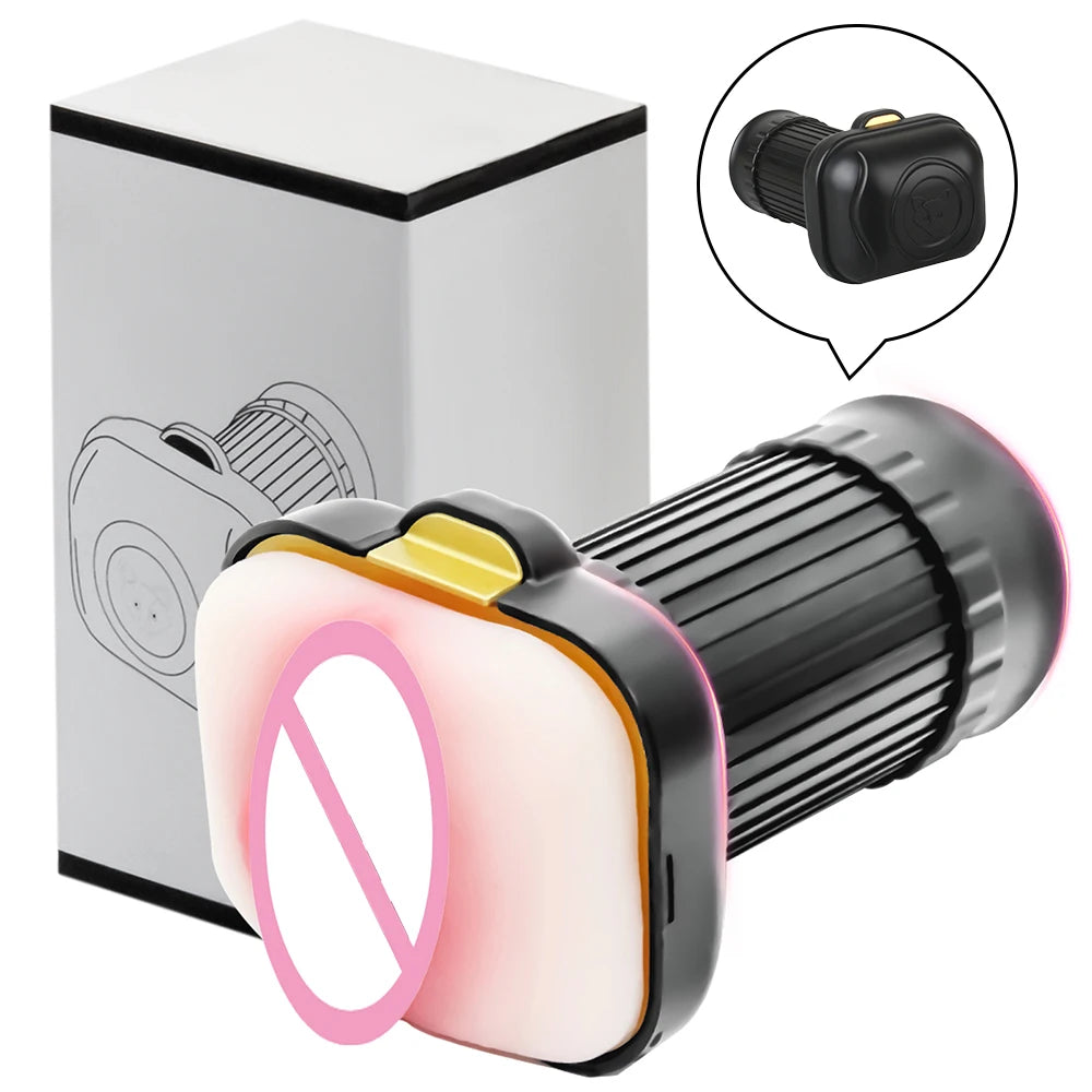 Pocket stroker cup, gray with black top button, pink insert and ribbed barrel